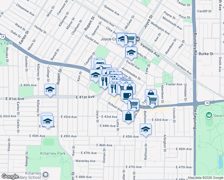 map of restaurants, bars, coffee shops, grocery stores, and more near in Vancouver