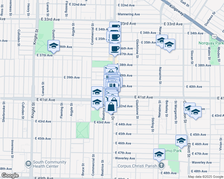 map of restaurants, bars, coffee shops, grocery stores, and more near 5603 Victoria Drive in Vancouver