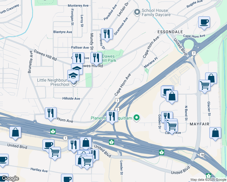 map of restaurants, bars, coffee shops, grocery stores, and more near 2289 Cape Horn Avenue in Coquitlam
