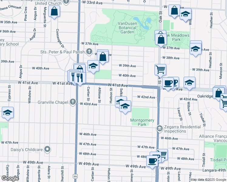 map of restaurants, bars, coffee shops, grocery stores, and more near 5750 Hudson Street in Vancouver
