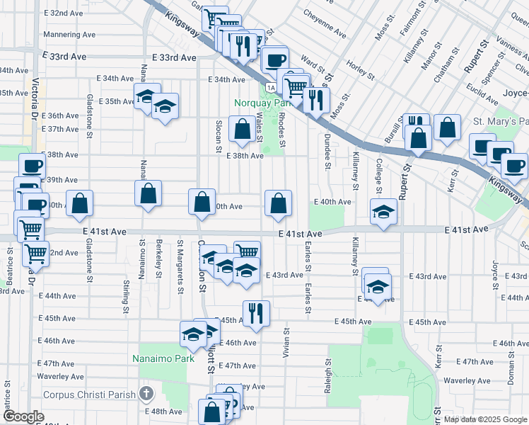 map of restaurants, bars, coffee shops, grocery stores, and more near 5622 Wales Street in Vancouver