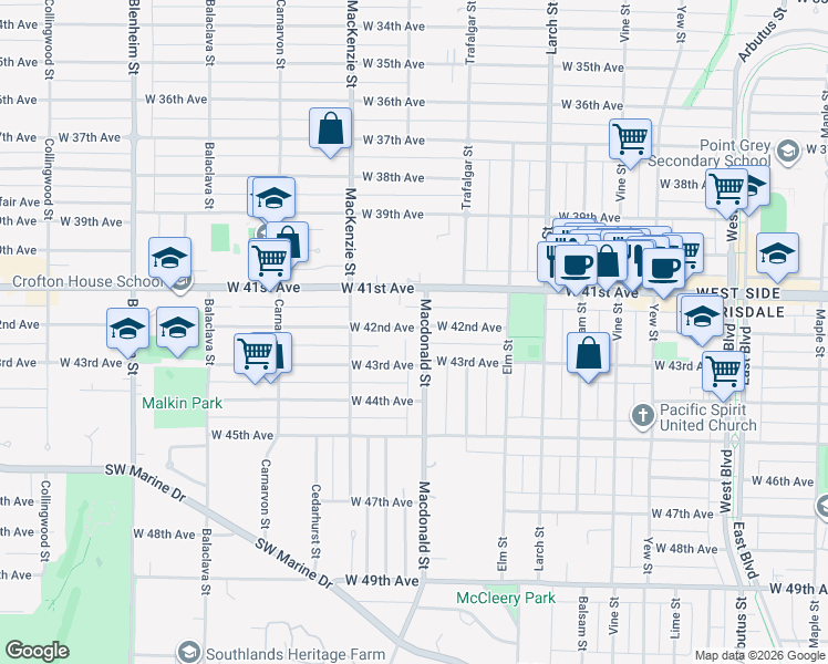 map of restaurants, bars, coffee shops, grocery stores, and more near 5833 Macdonald Street in Vancouver