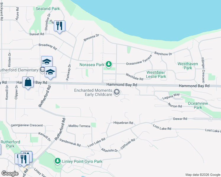 map of restaurants, bars, coffee shops, grocery stores, and more near 5641 Hammond Bay Road in Nanaimo