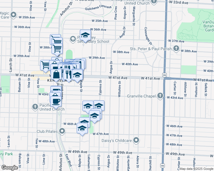 map of restaurants, bars, coffee shops, grocery stores, and more near 5795 Angus Drive in Vancouver