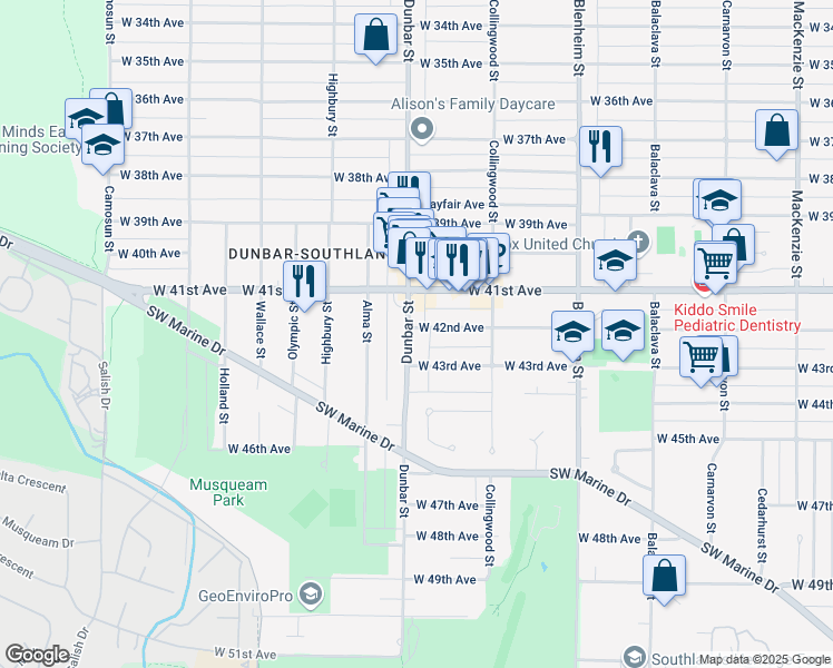 map of restaurants, bars, coffee shops, grocery stores, and more near 5810 Dunbar Street in Vancouver