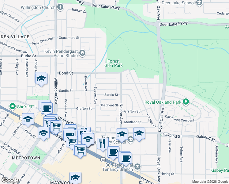 map of restaurants, bars, coffee shops, grocery stores, and more near 4859 Sardis Street in Burnaby