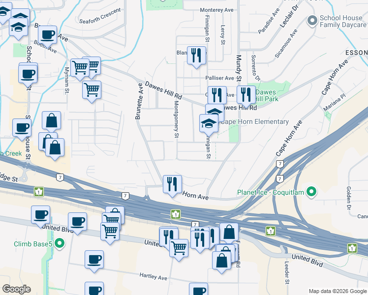 map of restaurants, bars, coffee shops, grocery stores, and more near 2026 Kaptey Avenue in Coquitlam