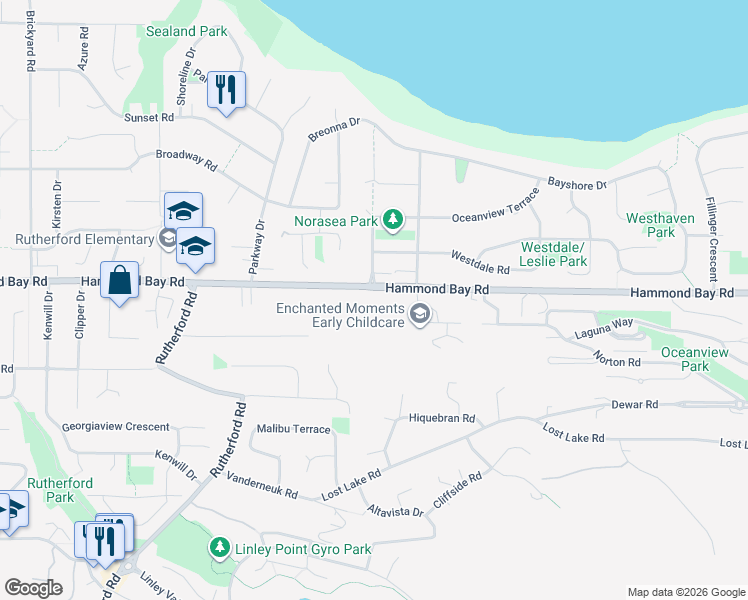 map of restaurants, bars, coffee shops, grocery stores, and more near 5641 Hammond Bay Road in Nanaimo