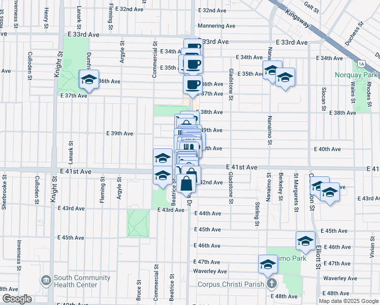 map of restaurants, bars, coffee shops, grocery stores, and more near 5603 Victoria Drive in Vancouver