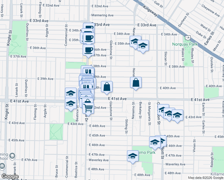 map of restaurants, bars, coffee shops, grocery stores, and more near 5626 Gladstone Street in Vancouver