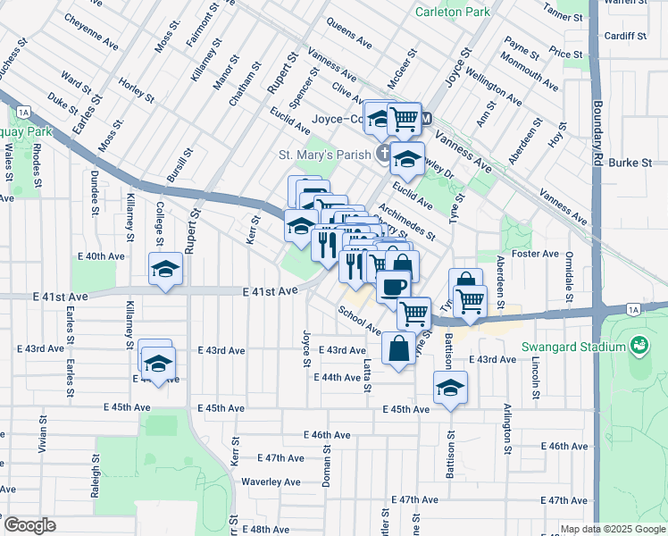 map of restaurants, bars, coffee shops, grocery stores, and more near 5520 Joyce Street in Vancouver