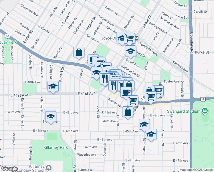 map of restaurants, bars, coffee shops, grocery stores, and more near 5520 Joyce Street in Vancouver