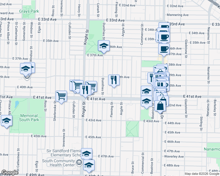 map of restaurants, bars, coffee shops, grocery stores, and more near 5593 Fleming Street in Vancouver