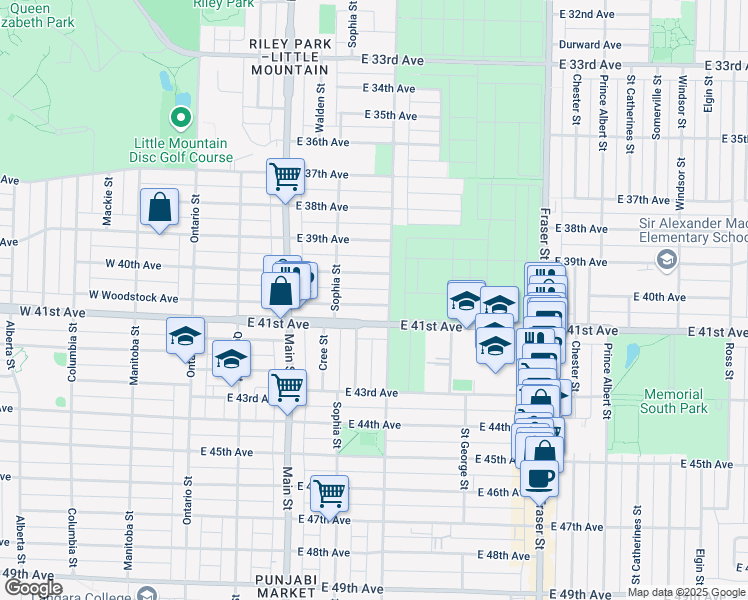map of restaurants, bars, coffee shops, grocery stores, and more near 375 East Woodstock Avenue in Vancouver