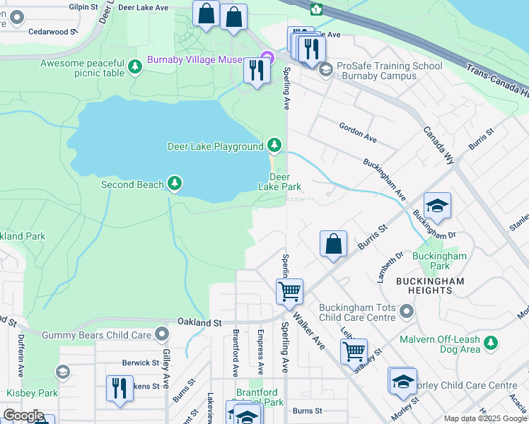 map of restaurants, bars, coffee shops, grocery stores, and more near 6660 Deer Lake Drive in Burnaby