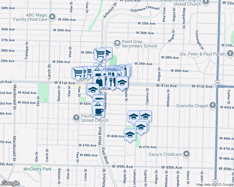 map of restaurants, bars, coffee shops, grocery stores, and more near 2071 West 42nd Avenue in Vancouver