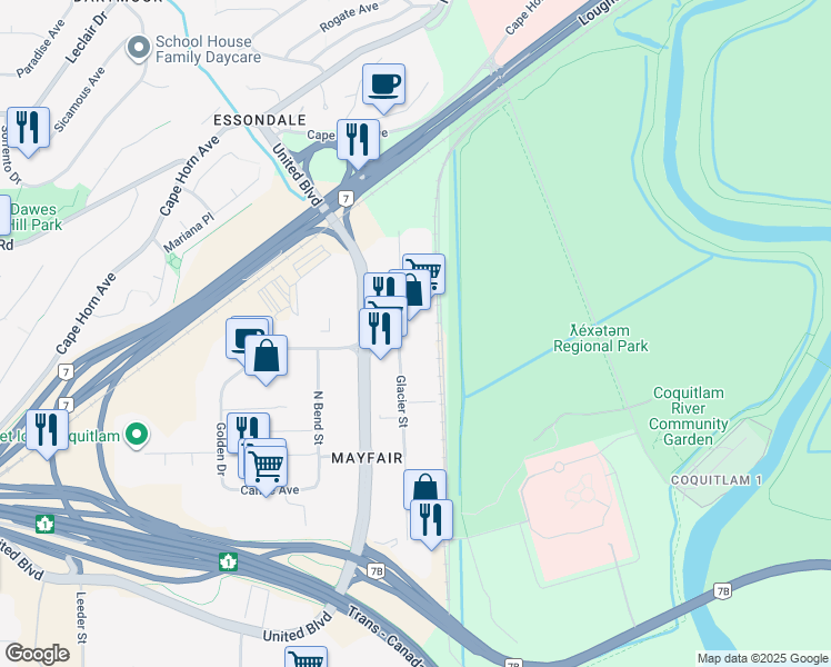 map of restaurants, bars, coffee shops, grocery stores, and more near 125 Glacier Street in Coquitlam