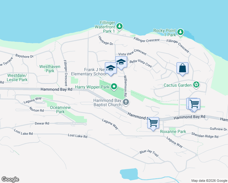 map of restaurants, bars, coffee shops, grocery stores, and more near 5050 Hammond Bay Road in Nanaimo