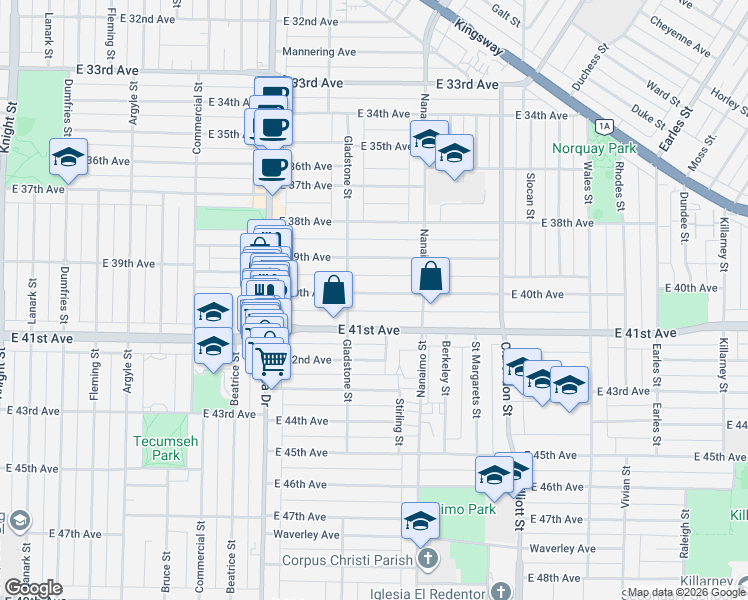 map of restaurants, bars, coffee shops, grocery stores, and more near 2240 East 40th Avenue in Vancouver