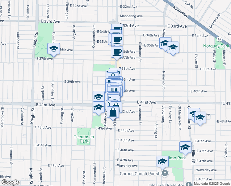 map of restaurants, bars, coffee shops, grocery stores, and more near in Vancouver