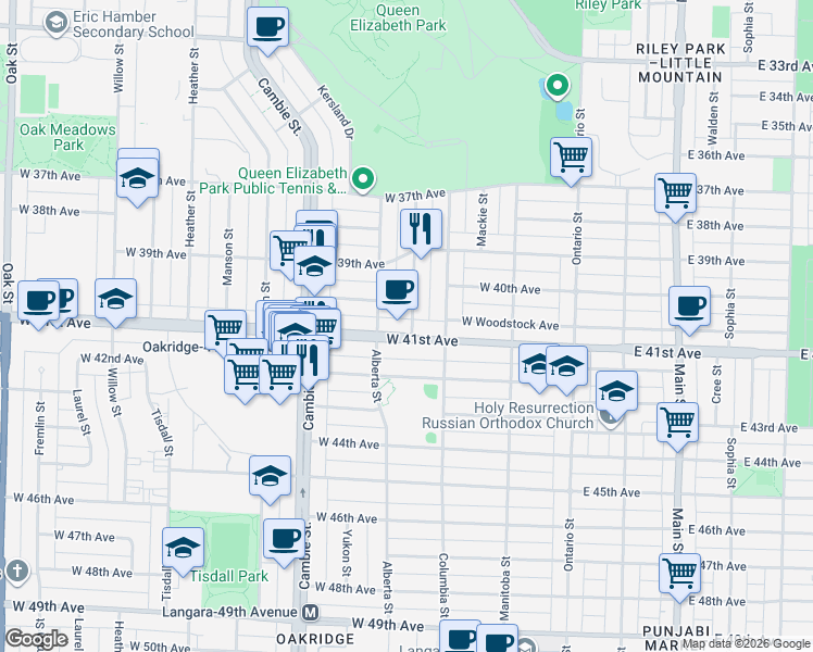 map of restaurants, bars, coffee shops, grocery stores, and more near 5693 Elizabeth Street in Vancouver