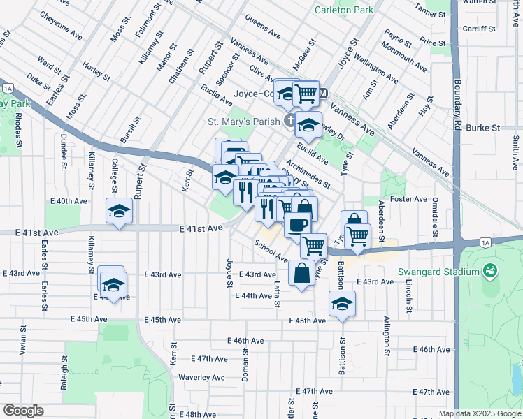 map of restaurants, bars, coffee shops, grocery stores, and more near 5588 Joyce Street in Vancouver