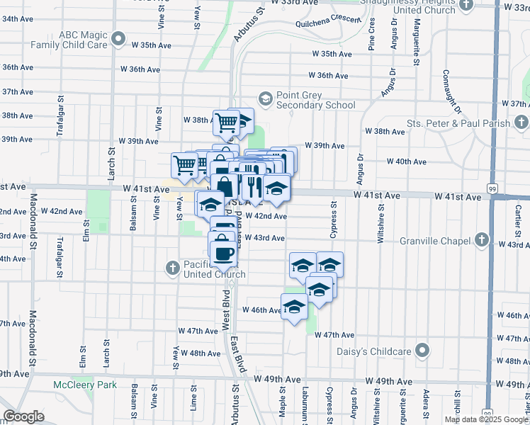 map of restaurants, bars, coffee shops, grocery stores, and more near 2071 West 42nd Avenue in Vancouver