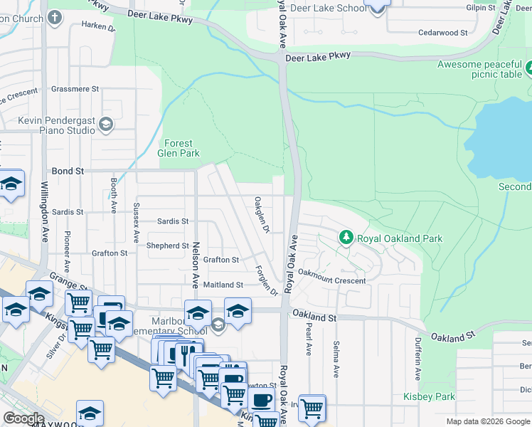 map of restaurants, bars, coffee shops, grocery stores, and more near 5598 Oakglen Drive in Burnaby