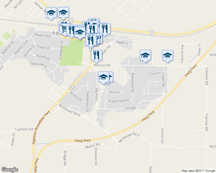 map of restaurants, bars, coffee shops, grocery stores, and more near 7285 McCullough Road in Agassiz