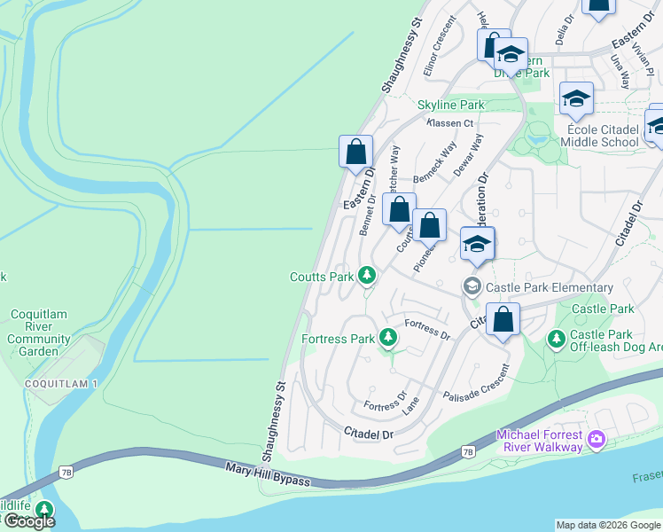 map of restaurants, bars, coffee shops, grocery stores, and more near 1126 O'Flaherty Gate in Port Coquitlam