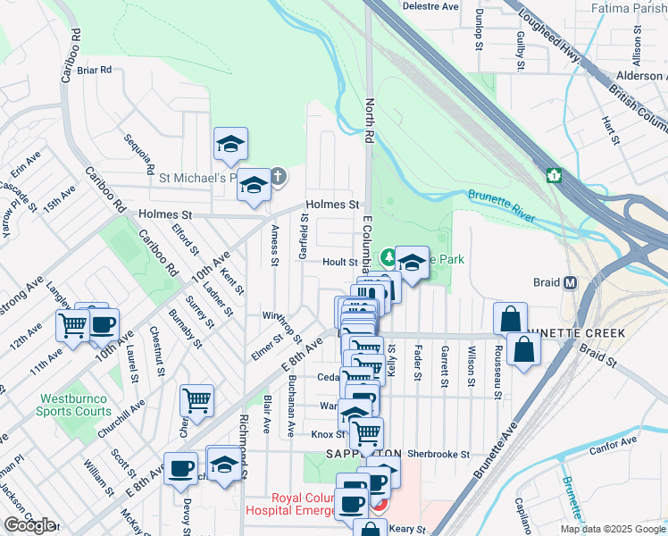 map of restaurants, bars, coffee shops, grocery stores, and more near 320 Hoult Street in New Westminster