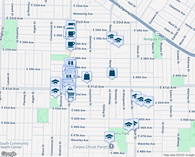map of restaurants, bars, coffee shops, grocery stores, and more near 2240 East 40th Avenue in Vancouver