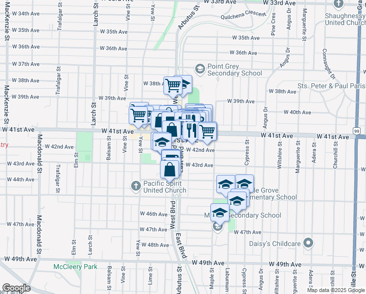 map of restaurants, bars, coffee shops, grocery stores, and more near 5790 East Boulevard in Vancouver