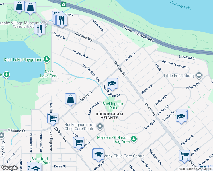 map of restaurants, bars, coffee shops, grocery stores, and more near 6000 Buckingham Avenue in Burnaby