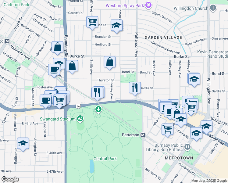map of restaurants, bars, coffee shops, grocery stores, and more near 5644 Jersey Avenue in Burnaby