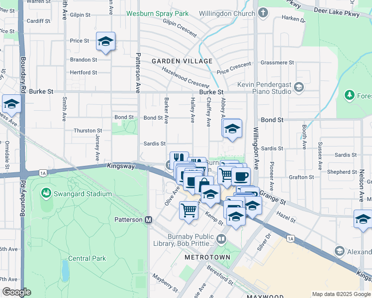 map of restaurants, bars, coffee shops, grocery stores, and more near 4288 Sardis Street in Burnaby