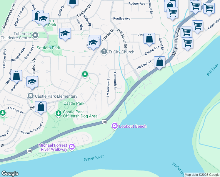 map of restaurants, bars, coffee shops, grocery stores, and more near 1128 Fraserview Street in Port Coquitlam