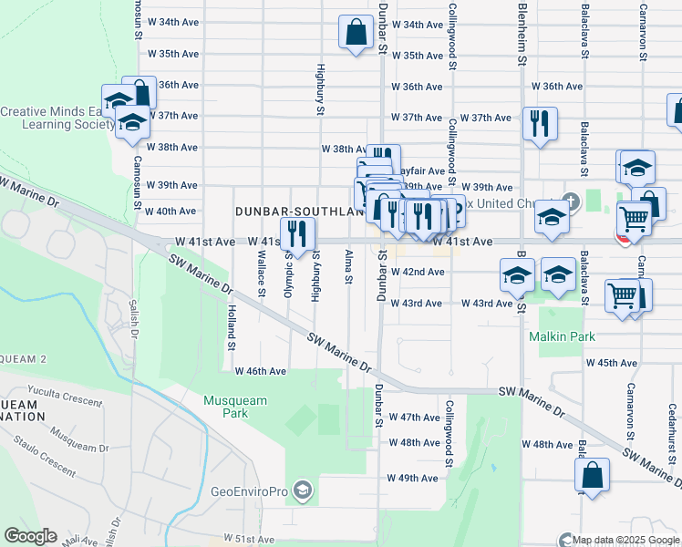 map of restaurants, bars, coffee shops, grocery stores, and more near 5807 Alma Street in Vancouver