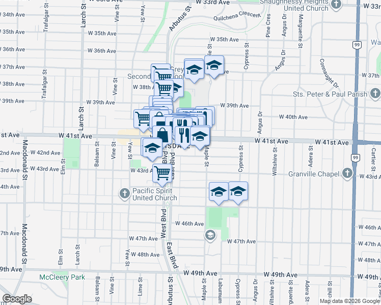 map of restaurants, bars, coffee shops, grocery stores, and more near 2071 West 42nd Avenue in Vancouver