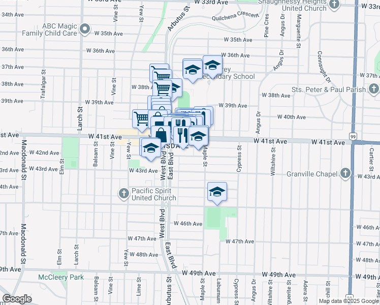 map of restaurants, bars, coffee shops, grocery stores, and more near 2049 West 41st Avenue in Vancouver