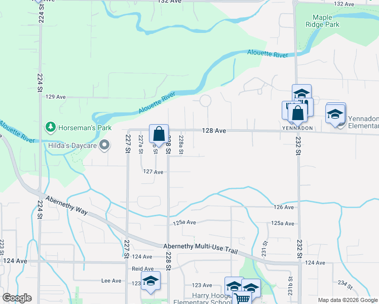 map of restaurants, bars, coffee shops, grocery stores, and more near 22861 127 Avenue in Maple Ridge