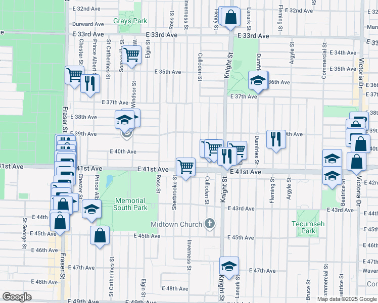 map of restaurants, bars, coffee shops, grocery stores, and more near 5597 Inverness Street in Vancouver