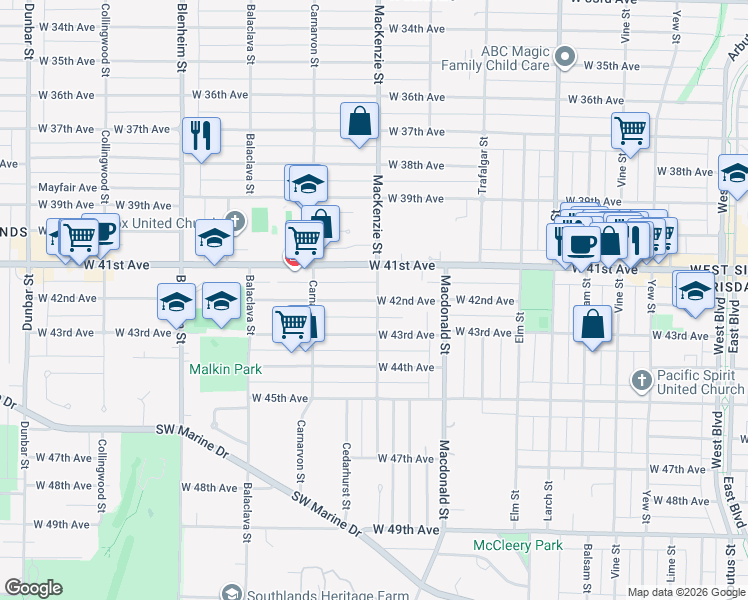 map of restaurants, bars, coffee shops, grocery stores, and more near 2903 West 42nd Avenue in Vancouver
