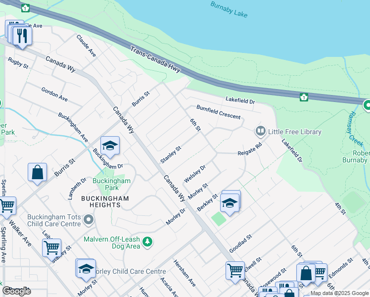 map of restaurants, bars, coffee shops, grocery stores, and more near 7820 Stanley Street in Burnaby