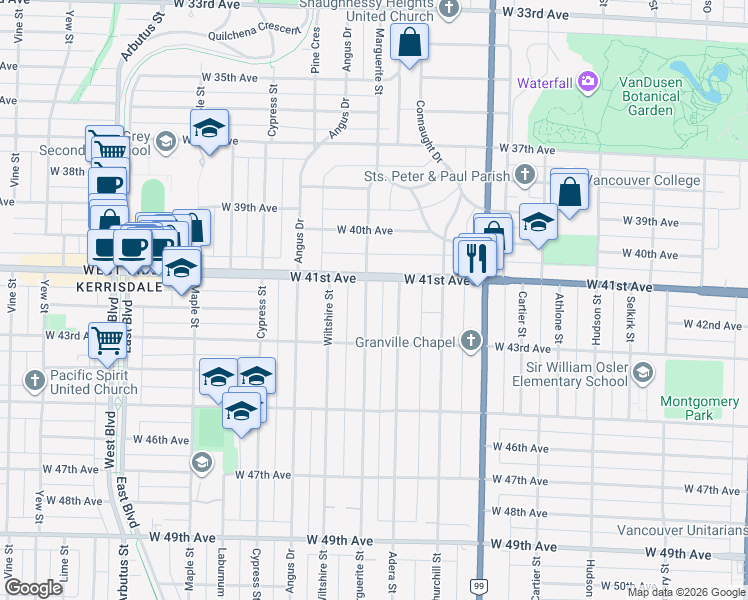 map of restaurants, bars, coffee shops, grocery stores, and more near 5760 Marguerite Street in Vancouver