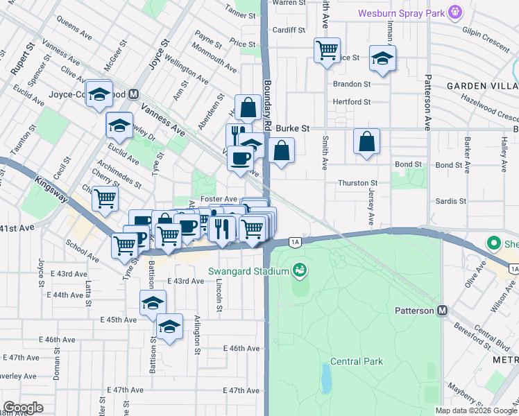 map of restaurants, bars, coffee shops, grocery stores, and more near 5515 Boundary Road in Vancouver