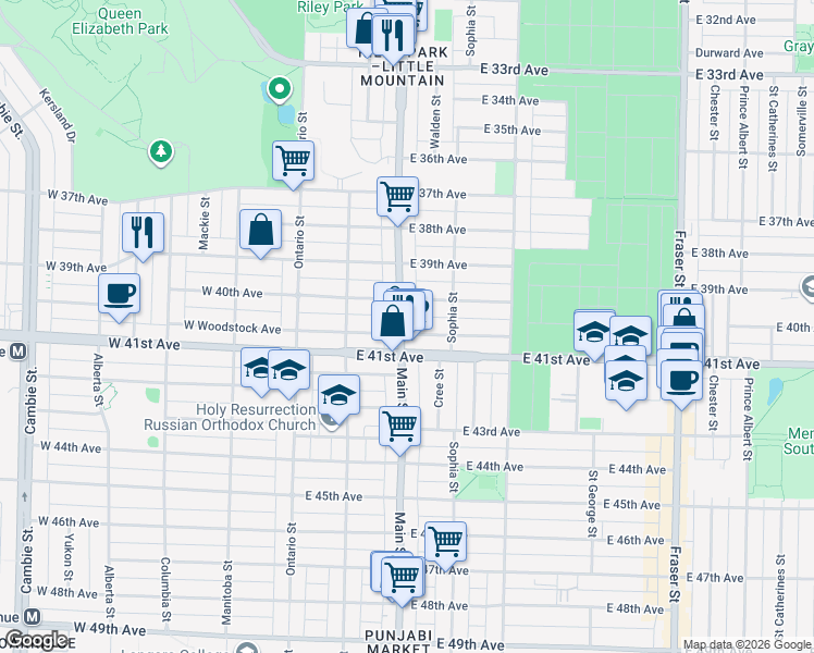 map of restaurants, bars, coffee shops, grocery stores, and more near 5676 Main Street in Vancouver