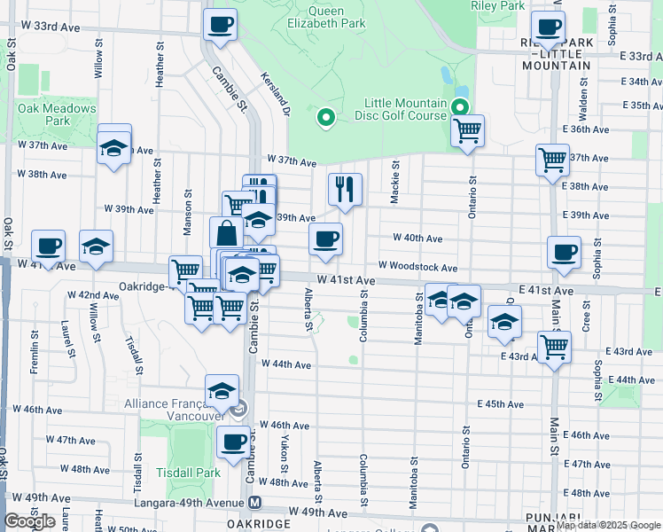 map of restaurants, bars, coffee shops, grocery stores, and more near 5693 Elizabeth Street in Vancouver