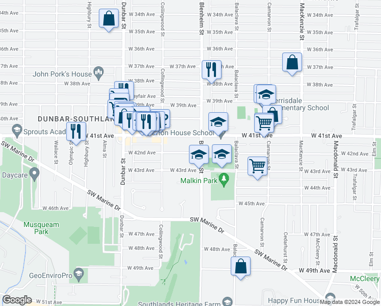 map of restaurants, bars, coffee shops, grocery stores, and more near 3370 West 42nd Avenue in Vancouver