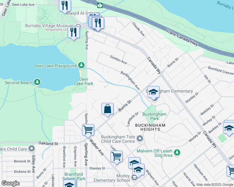map of restaurants, bars, coffee shops, grocery stores, and more near 7525 Whelen Court in Burnaby